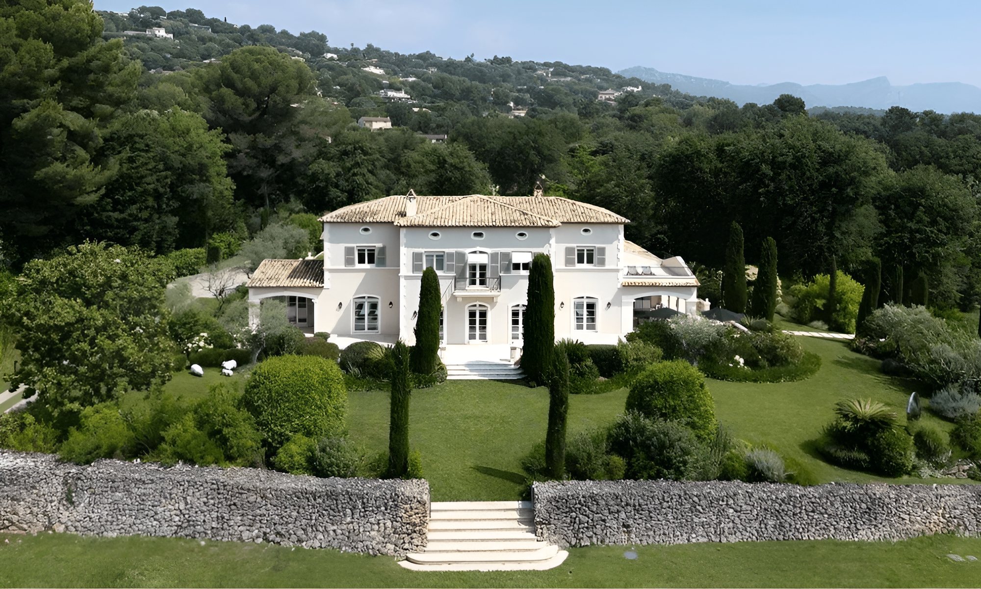 La Colle-sur-Loup Villa RL, French Riviera, France – stately Belle Époque villa with ornate columns and reflective poolfront façade